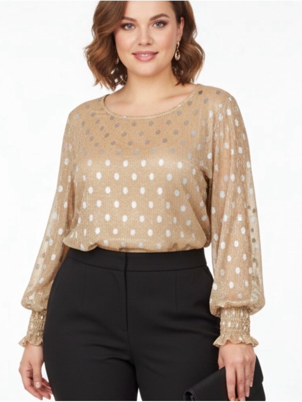 Adrianna Papell Gold Metallic Polka Dot Blouse
